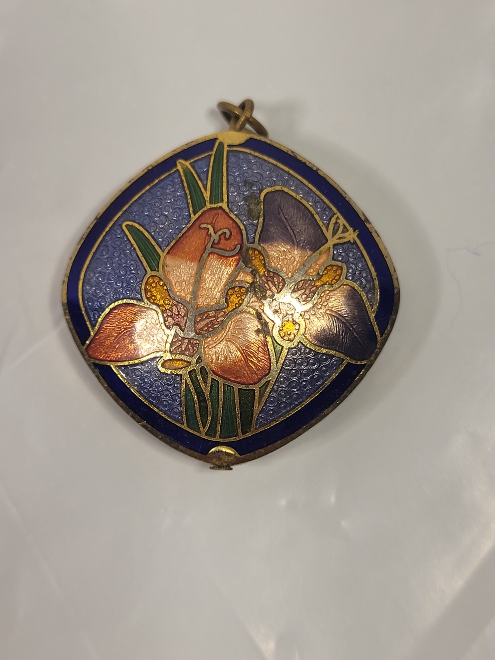 Vintage Cloisonne Enamel Flower Pendant Blue Pink Green Goldtone Accents (C7)